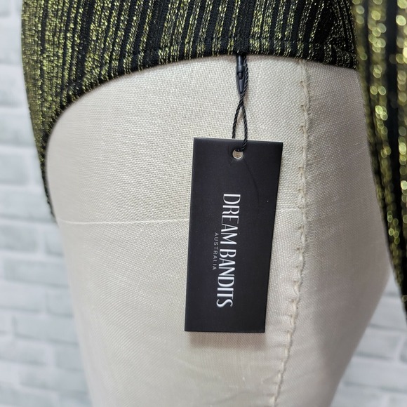 Dream Bandits S Tell Me Gold Metallic Stripe‎ Cold Shoulder Bodysuit Mock Neck - Picture 6 of 12